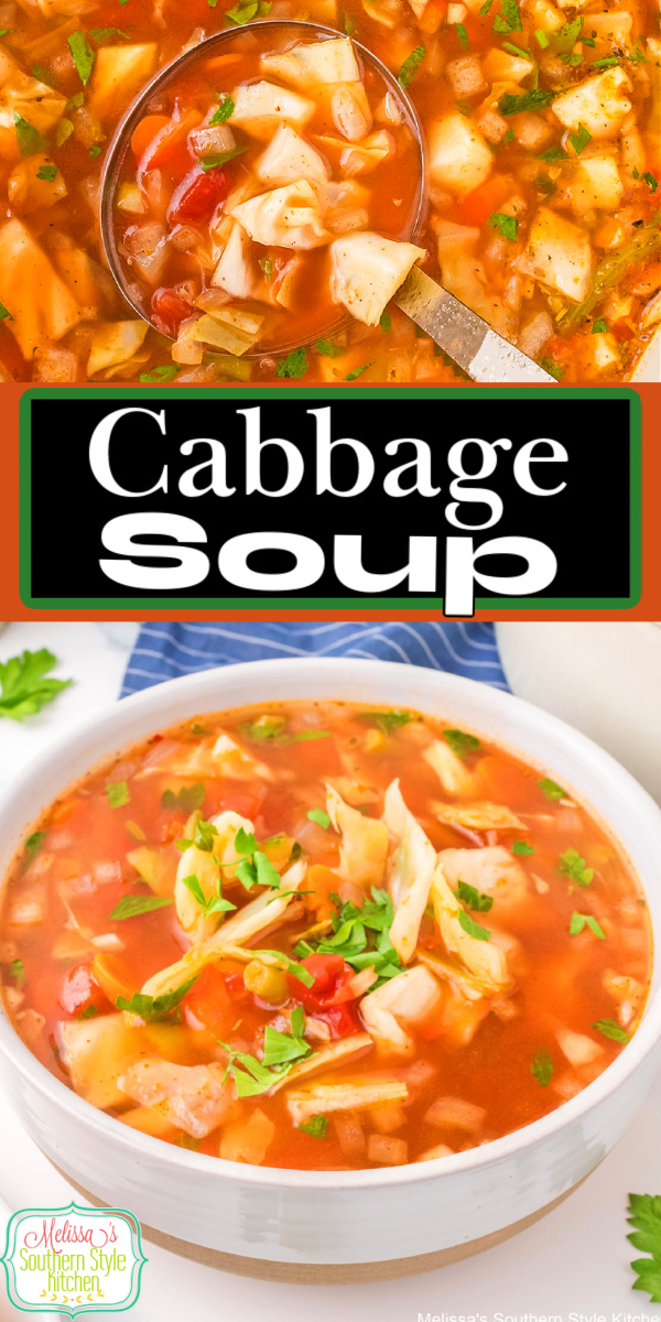Serve a big bowl of this easy Cabbage Soup with a side of garlic bread, cornbread or artisan bread for dipping in the flavorful broth #cabbagesoup #lowcarbsouprecipes #easycabbagerecipes #cabbage #cabbagesouprecipe #ketocabbagesoup #weightwatcherscabbagesoup via @melissasssk