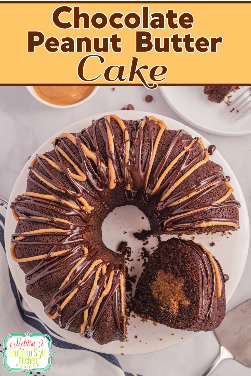 This Chocolate Peanut Butter Cake is drizzled with both a warm peanut butter and chocolate glaze. #peanutbuttercake #chocolatecake #bundtcake #bundtcakerecipes #chocolatepenutbuttercake #cakes #cakerecipes #peanutbutterrecipes via @melissasssk