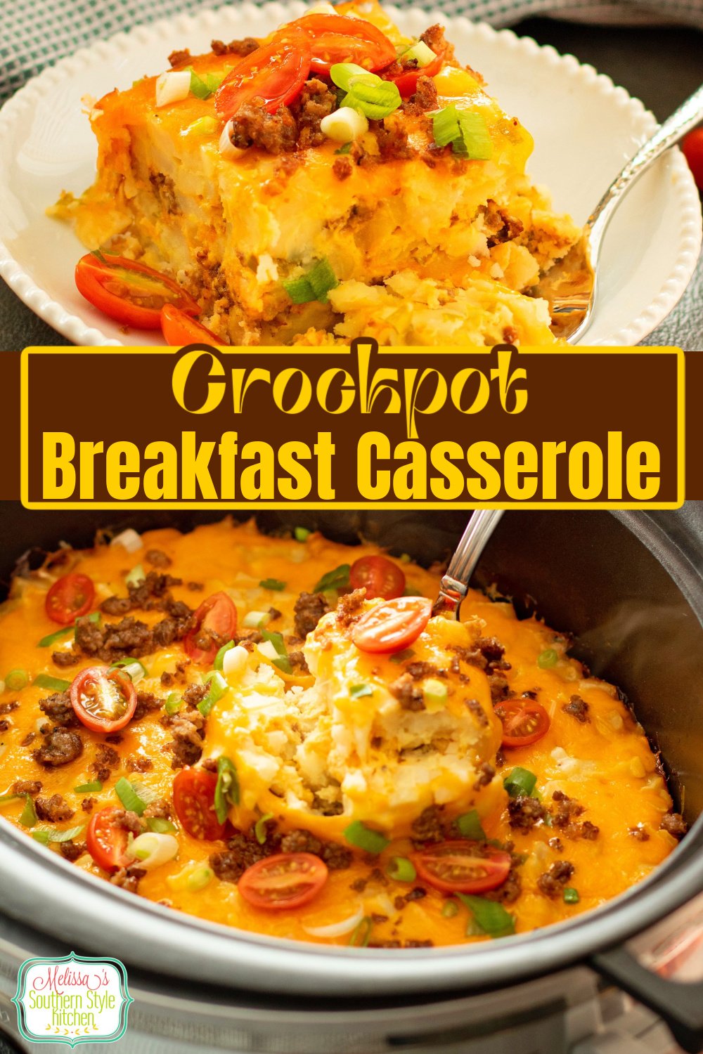 This easy Crockpot Breakfast Casserole can be fully assembled and cooked overnight for a delicious start to the day #crockpotcasserole #crockpotrecipes #slowcookerrecipes #breakfastcasserole #crockpothashbrowns #crockpotbreakfastcasserole #breakfastrecipes via @melissasssk