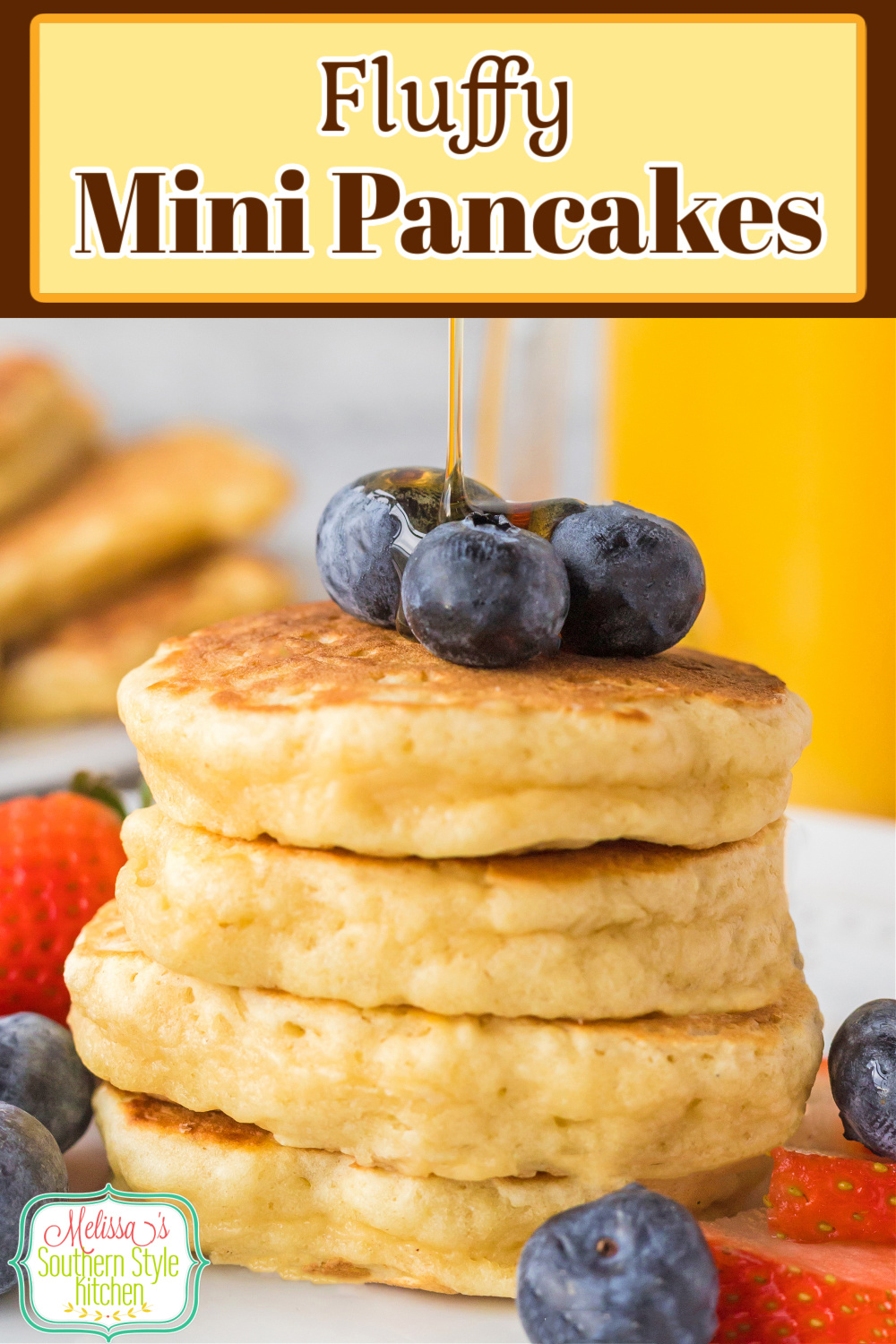 Serve this fluffy Mini Pancakes Recipe with a side of fresh fruit, a pat of sweet cream butter and a generous drizzle of pure maple syrup. #pancakes #silverdollarpancakes #pancakerecipes #minipancakes #buttermilkpancakes #easypancakes