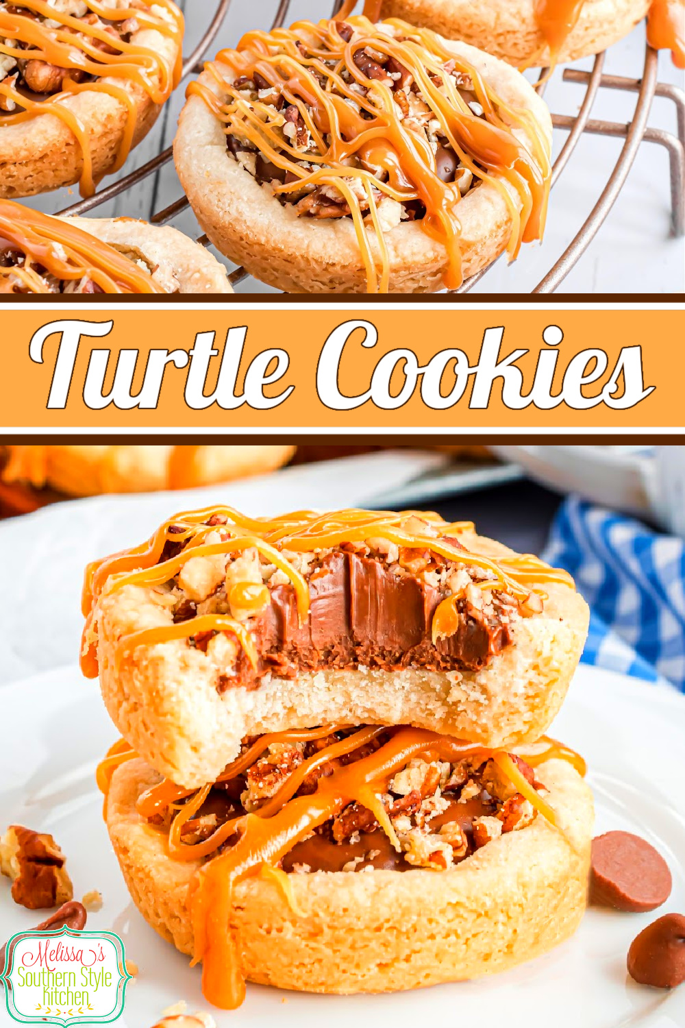 These scratch made Turtle Cookies are baked in a muffin pan to form a delicious cookie bowl to hold the ooey gooey turtle toppings. #turtlecookies #turtlecookiecups #turtles #chocolate #caramelcookies #pecans #pecancookies #cookiebowls via @melissasssk