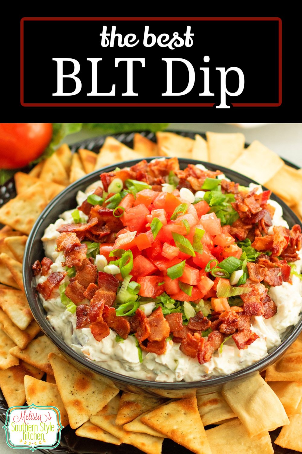 This creamy BLT Dip recipe features classic flavors making it a delicious dip to serve with crostini, garlic bread or pita chips for dipping. #BLT #BLTdip #diprecipes #bacon #bacondip #superbowlrecipes #easydiprecipes via @melissasssk