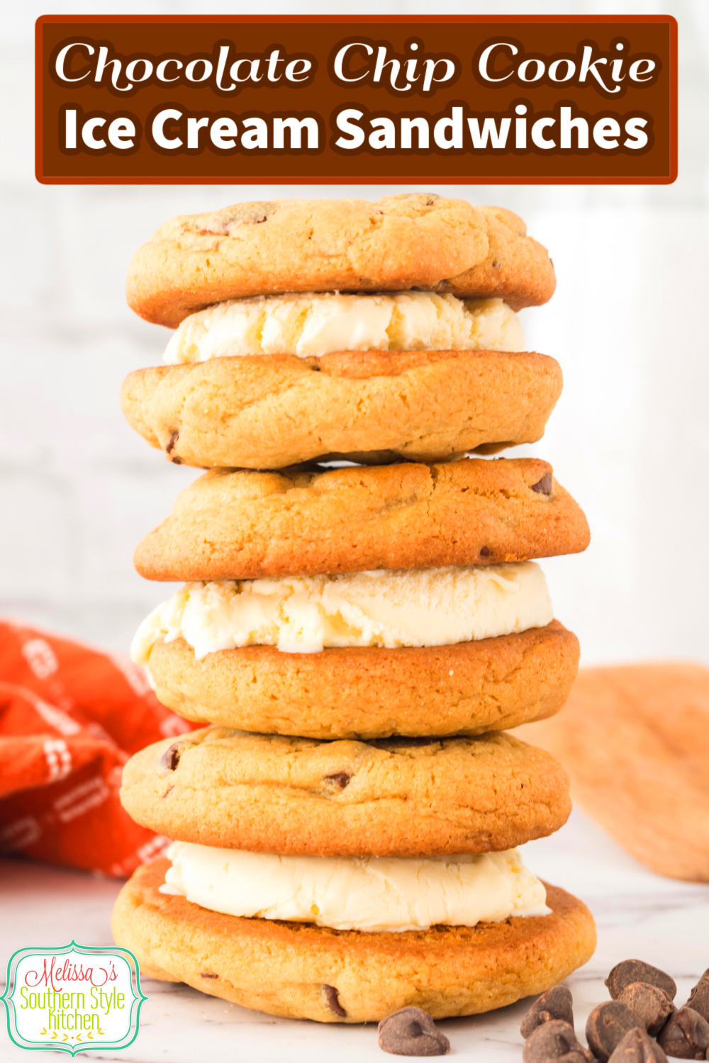 These yummy Cookie Ice Cream Sandwiches feature scratch made chocolate chip cookies sandwiched together with creamy vanilla ice cream. #icecream #icecreamsandwiches #chocolatechipcookies #sandwichcookies #cookies #cookierecipes