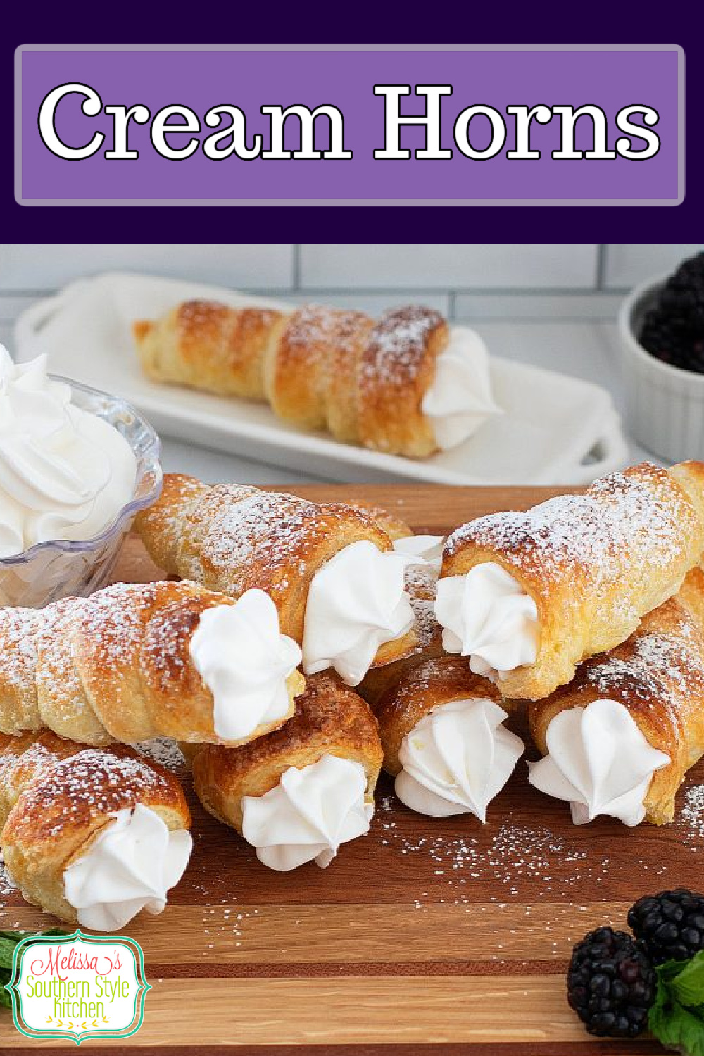 These puff pastry Cream Horns are filled with fresh whipped cream and dusted with powdered sugar for a handheld bakery-style treat #creamhorns #puffpastryrecipes #puffpastryhorns #cornicopia #whippedcreamfilledcreamhorns #southerndesserts #puffpastrydesserts