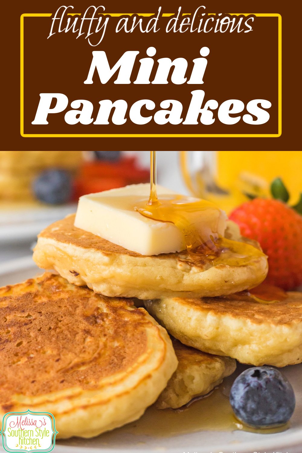 Serve this fluffy Mini Pancakes Recipe with a side of fresh fruit, a pat of sweet cream butter and a generous drizzle of pure maple syrup. #pancakes #silverdollarpancakes #pancakerecipes #minipancakes #buttermilkpancakes #easypancakes via @melissasssk