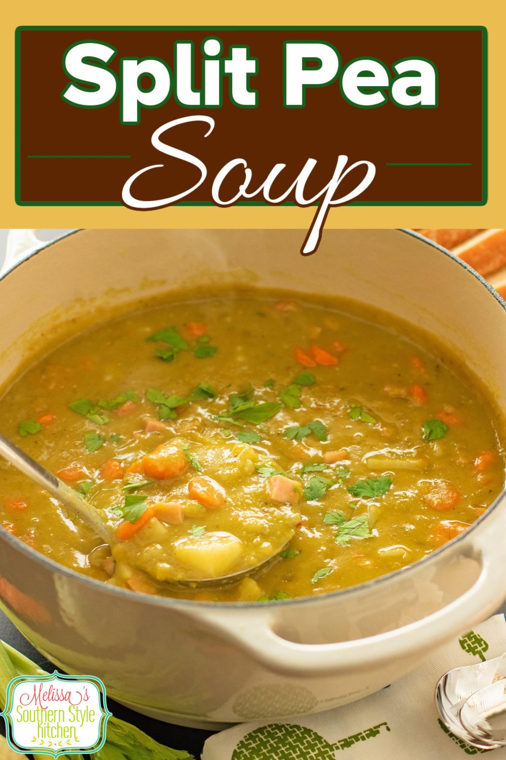 This recipe for Split Pea Soup is delicious served with a side of bread for dipping in the flavor packed broth #splitpeasoup #splitpeas #splitpearecipe #souprecipes #easysouprecipe #greensplitpeasoup #peasoup via @melissasssk