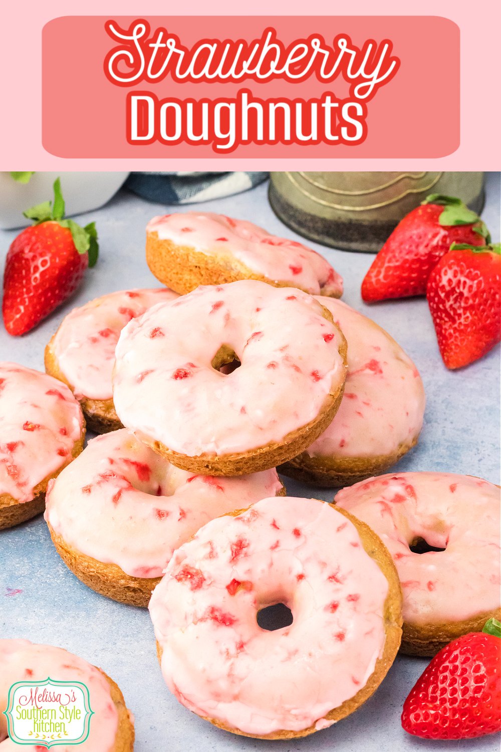Enjoy this homemade Strawberry Doughnuts Recipe for breakfast, brunch or dessert #strawberrydoughnuts #bakeddonuts #donutrecipes #doughnuts #strawberrydoughnuts #glazeddonuts #desserts #easydoughnutsrecipe