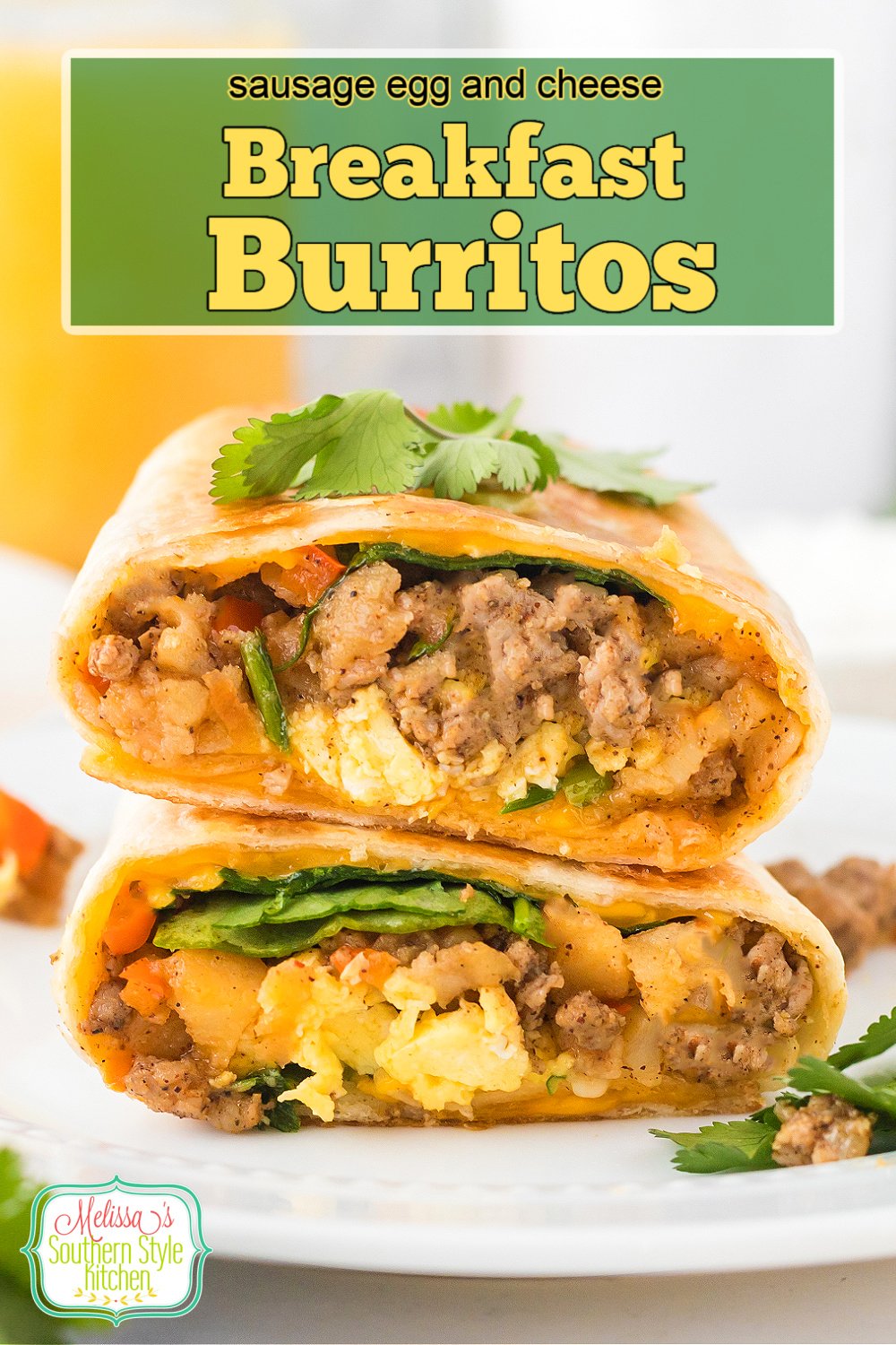 These loaded Breakfast Burritos are stuffed with sausage, eggs, hash browns and fresh spinach all held together with cheddar cheese #burritos #breakfastburritos #easybreakfastburritos #sausageburritos #burritorecipes #breakfastrecipes #eggburritos