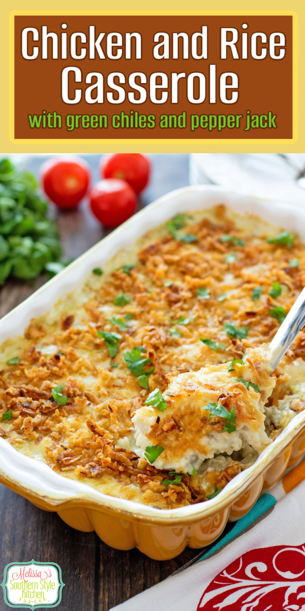 This Easy Chicken and Rice Casserole features plenty of pepper jack cheese and green chiles adding a pop of flavor. #chickencasserole #easychickenrecipes #casseroles #ricerecipes #ricecasserole #chickenandrice via @melissasssk