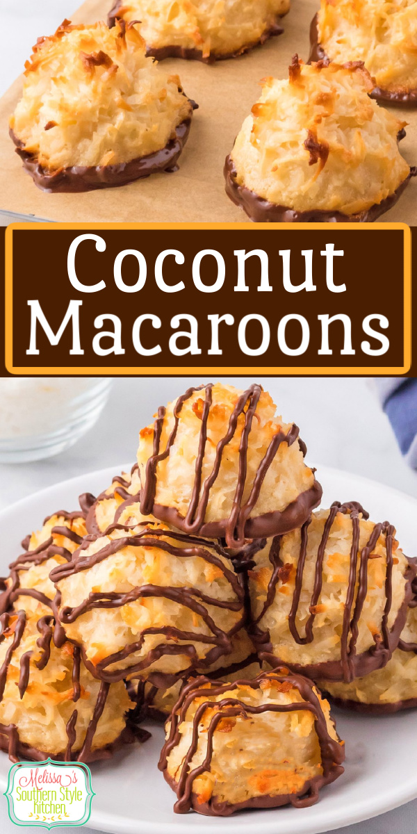 Chocolate dipped Coconut Macaroons are soft, chewy and delicious in every bite. #coconutcookies #macaroons #macarooncookies #cookierecipes #chocolate #easymacaroonrecipe via @melissasssk