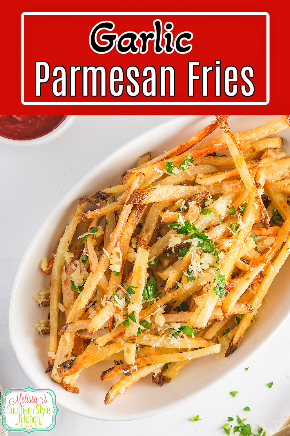 Make these crispy Garlic Parmesan Fries on a sheet pan in the oven #frenchfries #ovenfried #ovenfries #potatorecipes #easyfrenchfries #frenchfriesrecipe #garlicbutter #garlicparmesanfries