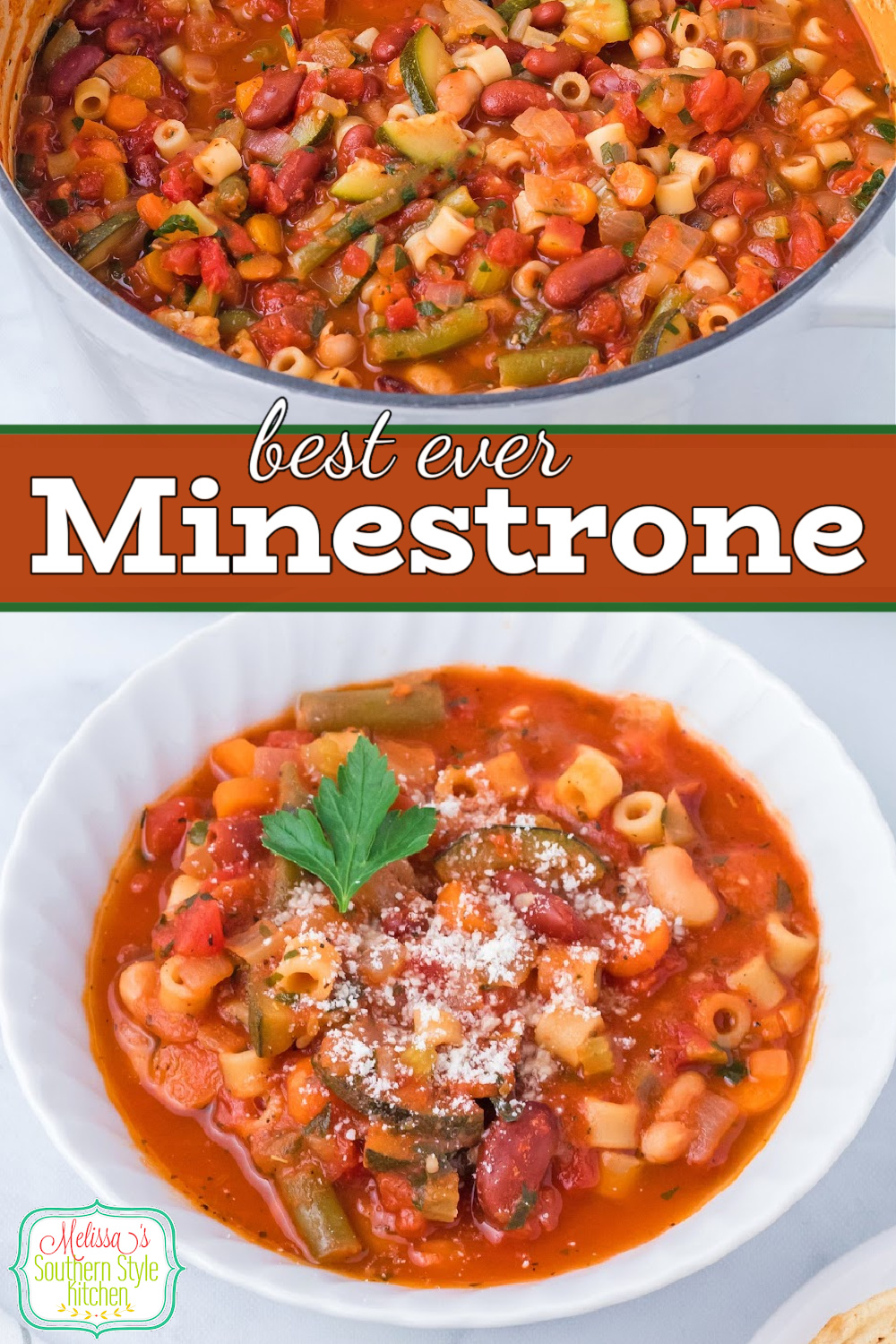 This Homemade Minestrone Recipe is packed with vibrant colors and fresh flavors making this one pot meal a winner any day of the week #minestronerecipe #easyminestrone #soup #souprecipes #meatlesssouprecipes #bestminestrone #vegetablesoup #ditilinipasta via @melissasssk