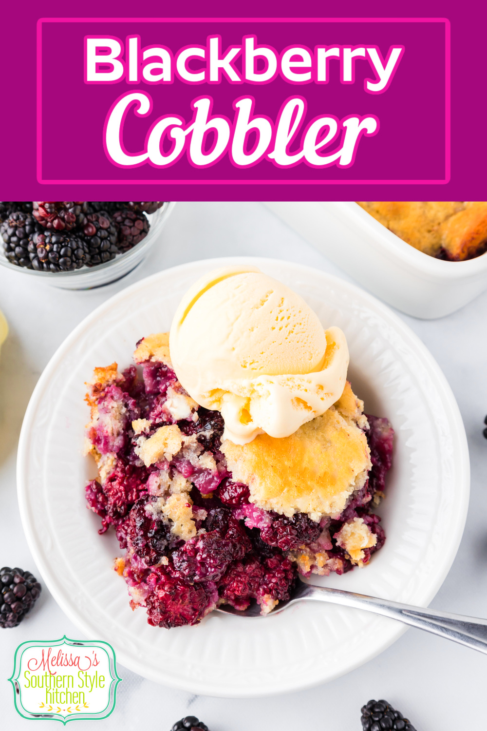 This old fashioned Blackberry Cobbler Recipe features fresh plump blackberries topped with a homemade batter that bakes puffy and golden. #blackberrycobbler #blackberries #cobblerrecipes #easycobblerrecipe #blackberrydesserts