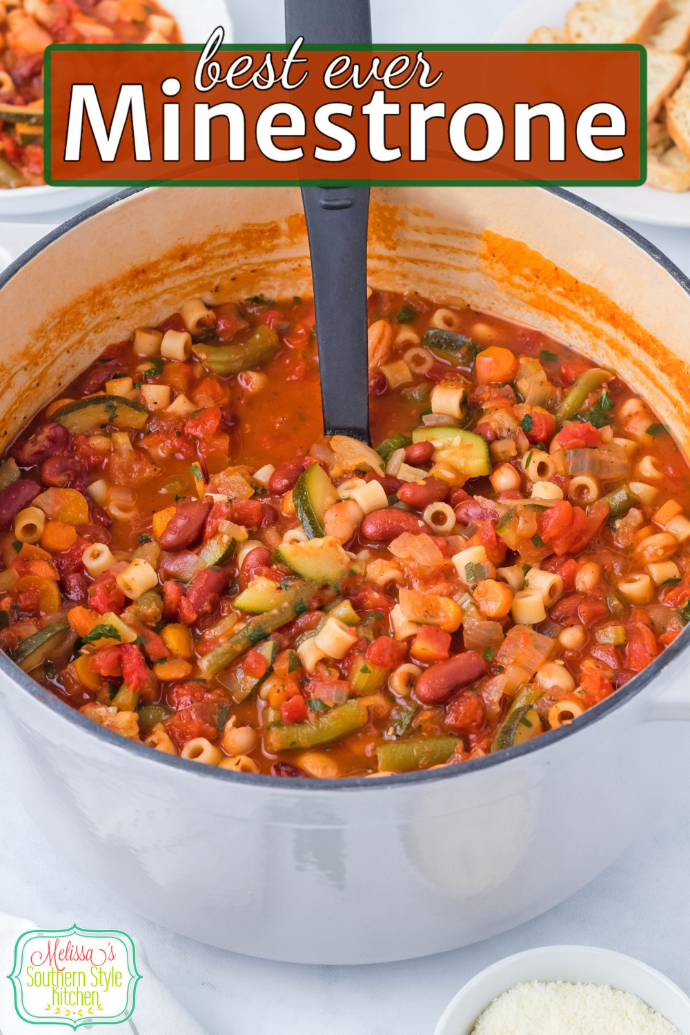 This Homemade Minestrone Recipe is packed with vibrant colors and fresh flavors making this one pot meal a winner any day of the week #minestronerecipe #easyminestrone #soup #souprecipes #meatlesssouprecipes #bestminestrone #vegetablesoup #ditilinipasta via @melissasssk