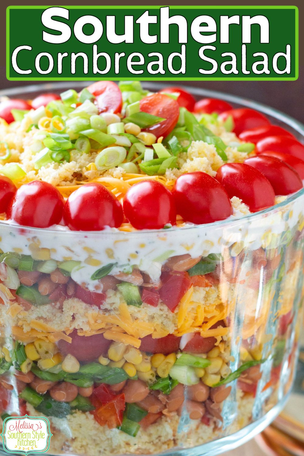 This layered  Southern Cornbread Salad recipe is as flavorful as the colors are vibrant #cornbreadsalad #cornbread #southerncornbreadsalad #saladrecipes #howtomakecornbread #easycornbreadrecipe #cornbreadsaladrecipe via @melissasssk