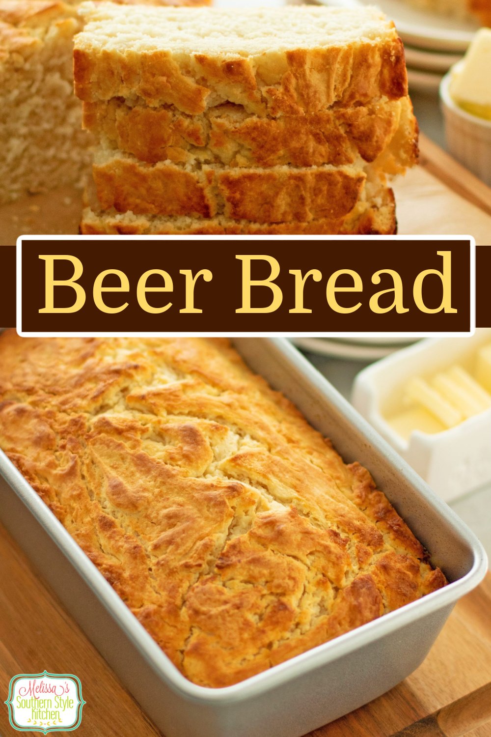 This homemade Beer Bread Recipe only requires 4 ingredients to make! #beerbread #easybreadrecipes #breadrecipes #baking #beerrecipes #bread #easybeerbread via @melissasssk