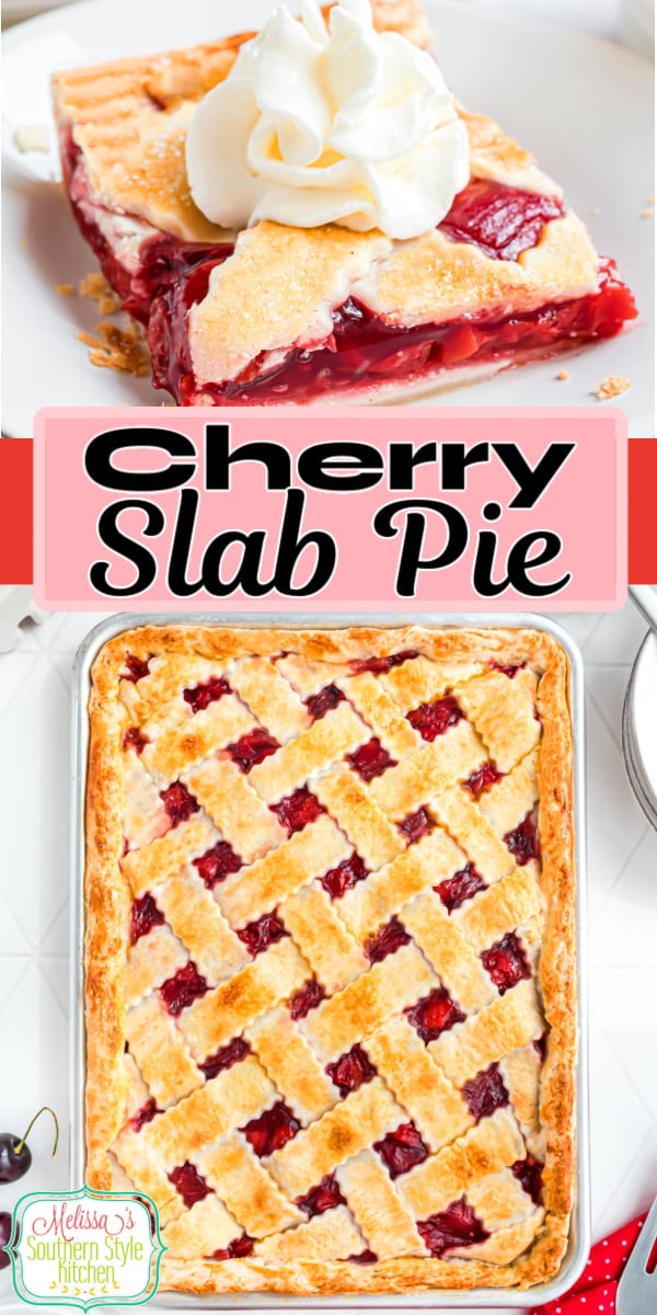 This Easy Cherry Slab Pie recipe can be served with vanilla ice cream or whipped cream making it ideal for larger gatherings. #cherrypie #cherryslabpie #slabpierecipes #memorialdayrecipes #july4th #july4threcipes #easydesserts #bestcherrypie #southernrecipes via @melissasssk