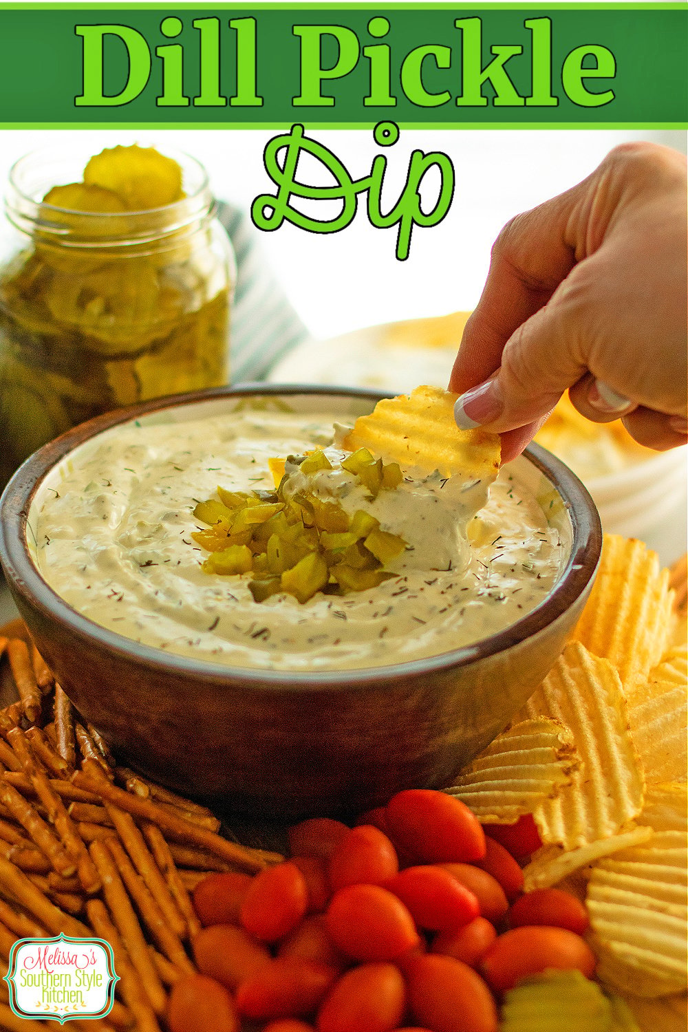 Serve this Dill Pickle Dip with potato chips, crackers, pretzels, vegetables or crostini for dipping #dillpickles #dillpickledip #easypicklerecipes #bestdiprecipes #dilldip #southerndiprecipes #partyrecipes