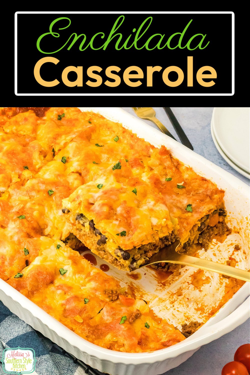 Serve this ground beef Enchilada Casserole recipe with your favorite Mexican inspired side dishes for a delicious fiesta at home. #enchiladas #enchiladacasserole #easycasserolerecipes #casseroles #mexicanrecipes #easygroundbeefrecipes #beefenchiladas via @melissasssk