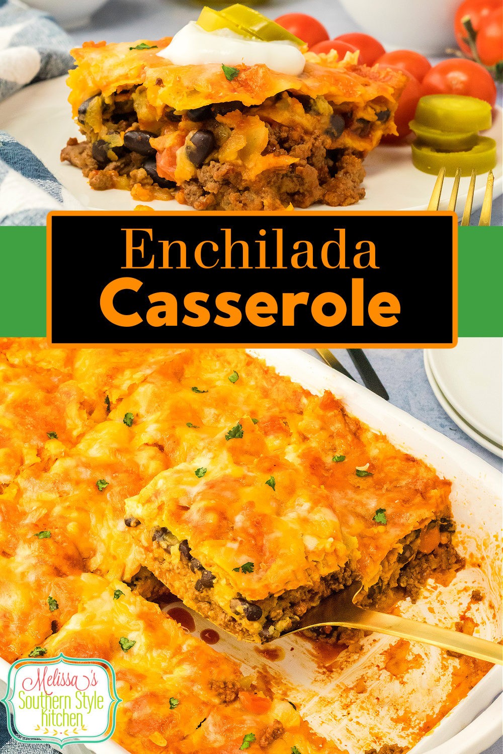 Serve this ground beef Enchilada Casserole recipe with your favorite Mexican inspired side dishes for a delicious fiesta at home. #enchiladas #enchiladacasserole #easycasserolerecipes #casseroles #mexicanrecipes #easygroundbeefrecipes #beefenchiladas