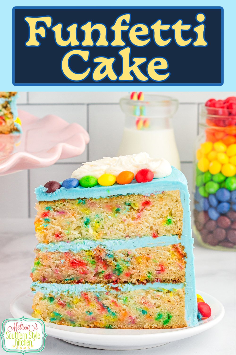 This Funfetti Cake is like a party in your mouth! Serve it for summer picnics, birthday parties, St Patrick's Day and more. #funfetticake #birthdaycake #sprinkles #rainbowcake #partyfood #cakes #cakerecipes via @melissasssk