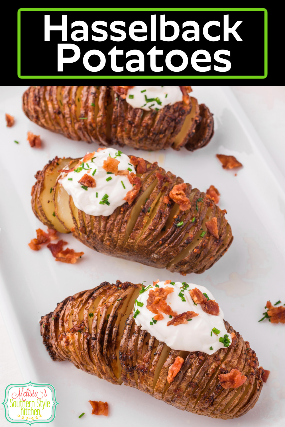 These easy Hasselback Potatoes are an impressive and delicious side dish served topped with a dollop of sour cream, crumbled bacon and chives. #hasselbackpotatoes #bakedpotatoes #easypotatoes #potatorecipes via @melissasssk
