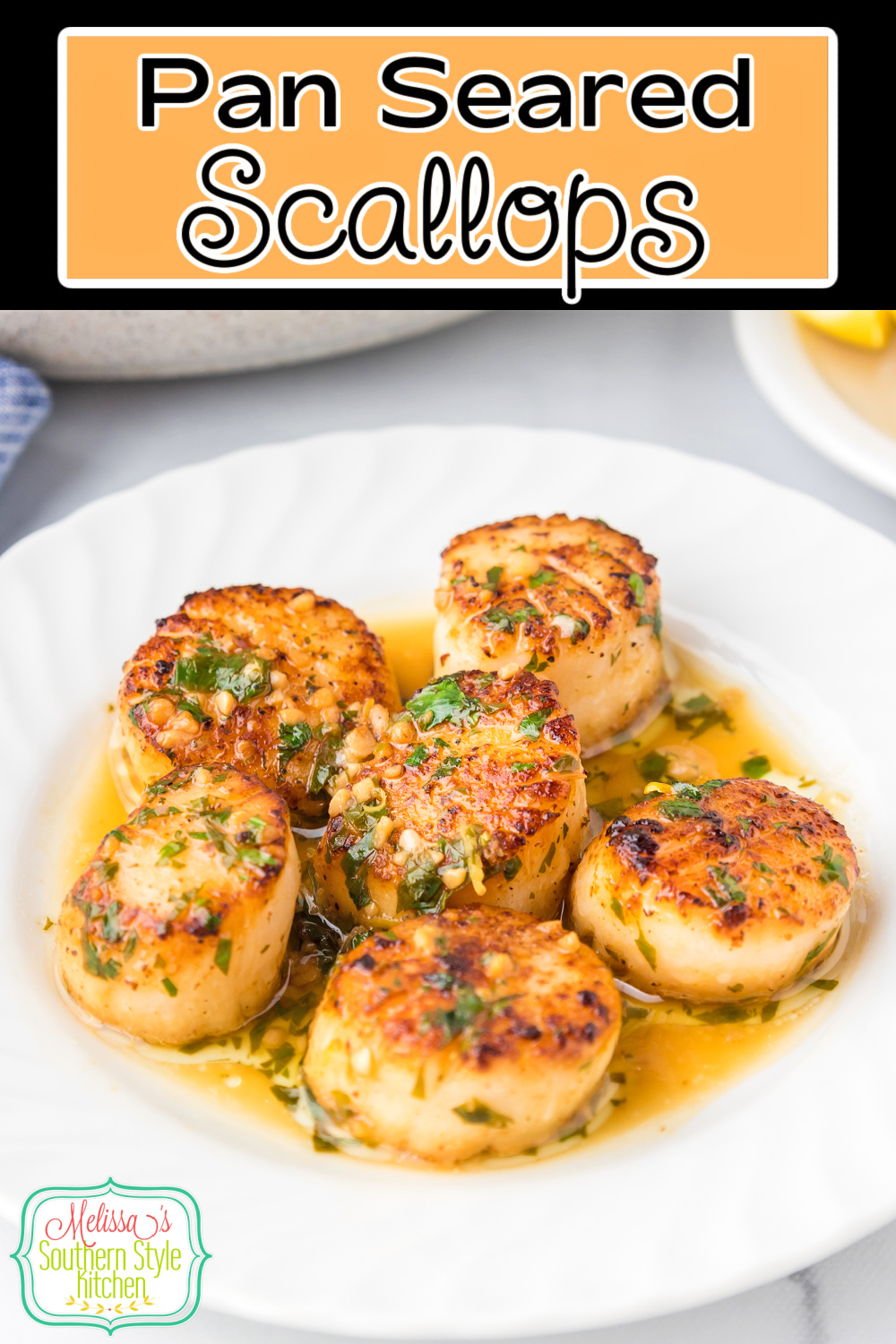 These crusted Seared Scallops are basted with a fresh lemon garlic butter pan sauce for an easy and impressive seafood dish. #scallops #searedscallops #seafoodrecipes #lemonbutter #scallopswithlemon #cookedscallops pansearedscallops