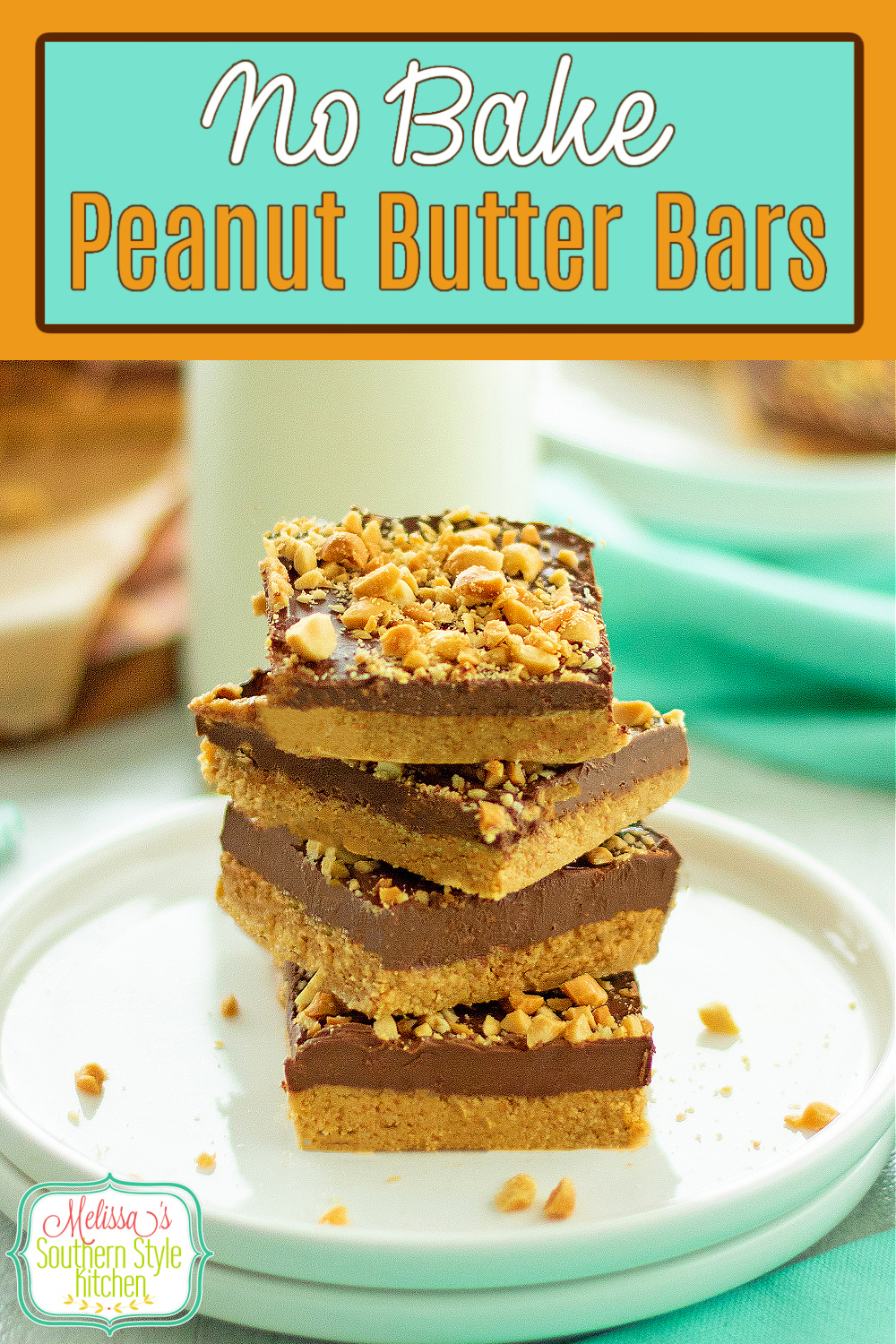 These no bake Peanut Butter Bars are drizzled with a warm chocolate and peanut butter infused topping and sprinkled with chopped peanuts. #peanutbutter #cookiebars #nobakebars #peanutbutterbars #easypeanutbutterbars #holidayrecipes #christmascookierecipes via @melissasssk