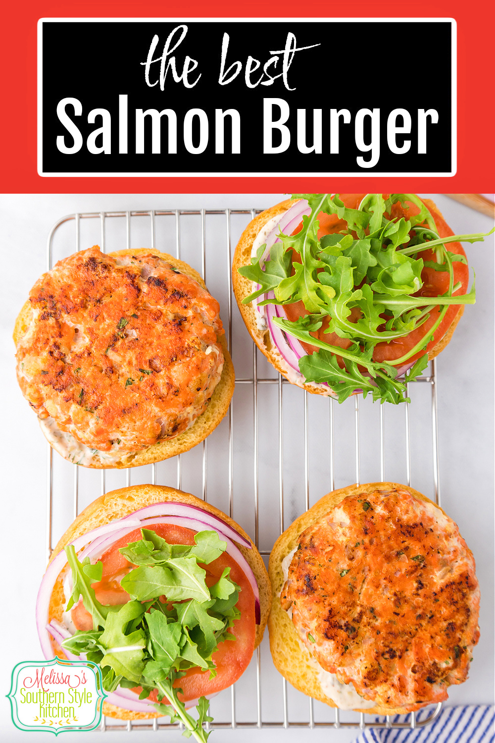 Upgrade your burger menu with this Salmon Burger recipe served on toasted buns with fresh toppings and drizzled with a remoulade sauce. #salmonrecipes #salmonburgers #easyburgerrecipes #grilledsalmon #freshsalmonrecipes