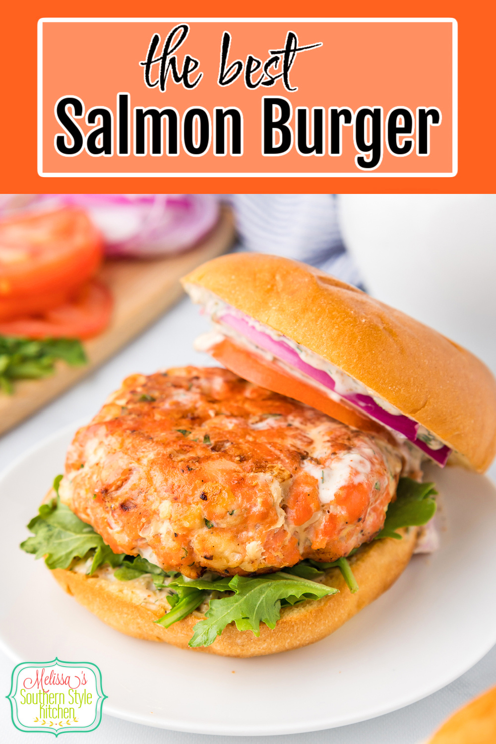 Upgrade your burger menu with this Salmon Burger recipe served on toasted buns with fresh toppings and drizzled with a remoulade sauce. #salmonrecipes #salmonburgers #easyburgerrecipes #grilledsalmon #freshsalmonrecipes via @melissasssk