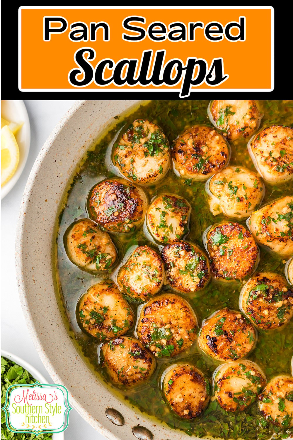 These crusted Seared Scallops are basted with a fresh lemon garlic butter pan sauce for an easy and impressive seafood dish. #scallops #searedscallops #seafoodrecipes #lemonbutter #scallopswithlemon #cookedscallops pansearedscallops via @melissasssk