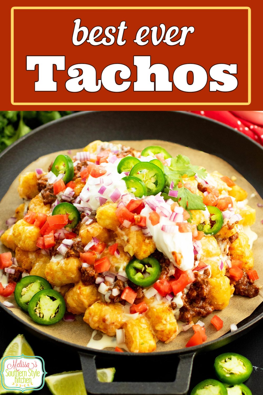 These loaded cheesy Tachos feature crispy baked tater tots loaded with the best nacho toppings #tachos #tatertots #appetizerrecipes #easytotchos #potatorecipes #tatertotrecipes #easygroundbeefrecipes via @melissasssk