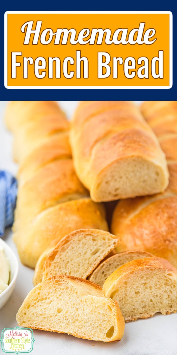 Enjoy this homemade French Bread slathered with butter as a side dish with any meal or for making hoagies, sandwiches, garlic bread and more. #frenchbread #breadrecipes #homemadebread #frenchbreadrecipe via @melissasssk