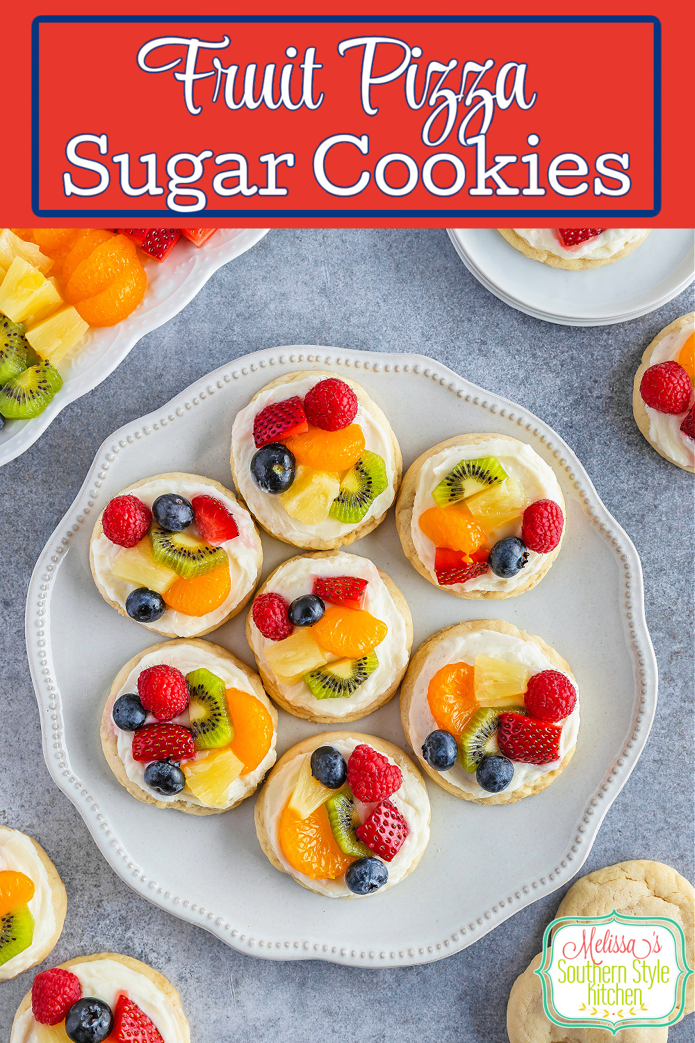 These soft chewy Fruit Pizza Sugar Cookies feature a delightful combination of flavors and textures that's certain to leave you craving more. #cookies #sugarcookies #fruitpizza #fruitcookies #cookierecipes #holidaybaking #christmascookies #summerdesserts via @melissasssk