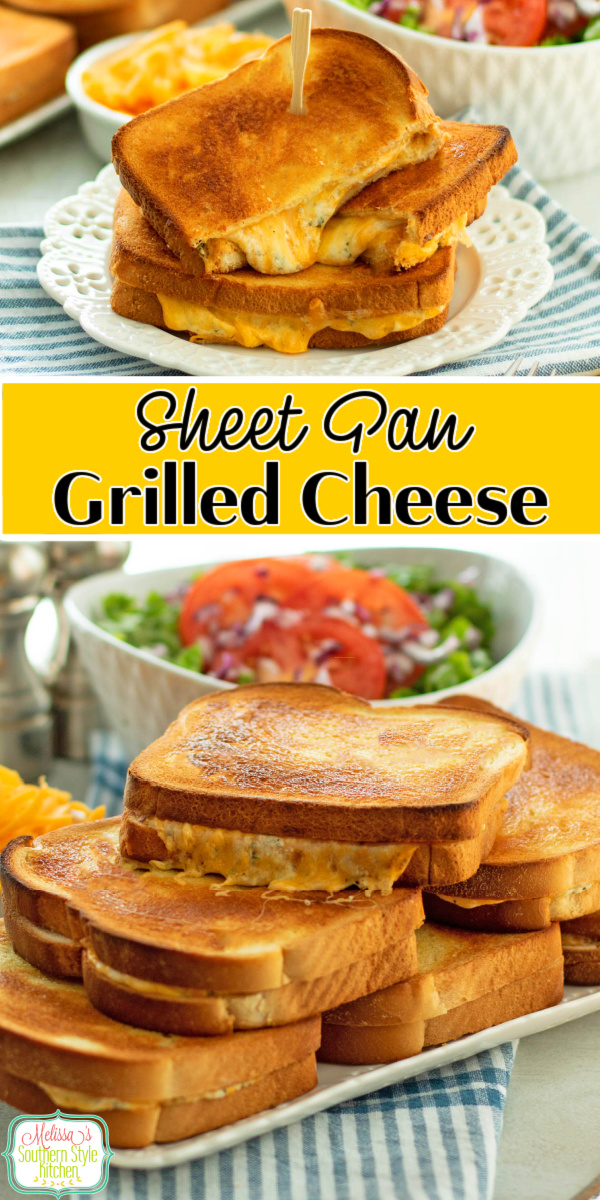 This Sheet Pan Grilled Cheese recipe shows you how to make gooey garlic and herb grilled cheese sandwiches for the family in one fell swoop. #grilledcheese #grilledcheesesandwiches #grilledcheeserecipes #sheetpanmeals #sheetpangrilledcheese #bakedgrilledcheese #garlicbread #garlicherbcheese