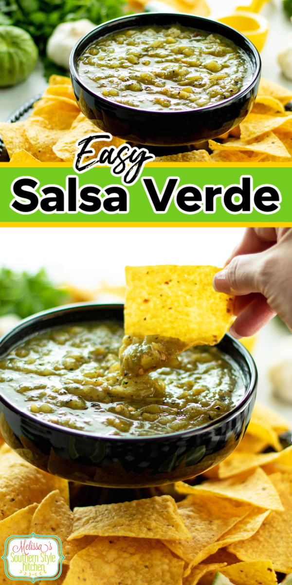 Drizzle this homemade Salsa Verde on tacos, enchiladas and burritos or with tortilla chips for dipping. #salsa #salsaverde #greensalsarecipe #superbowlrecipes #greenchilesalsa #easysalsaverde