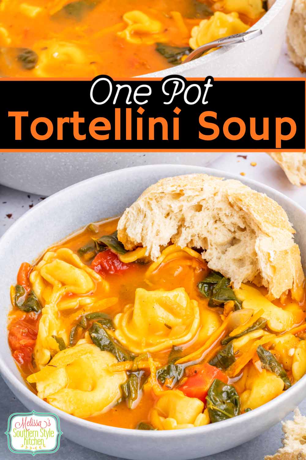 This Cheese Tortellini Soup features cheese tortellini cooked in a tasty tomato infused broth with onions, sweet carrots and baby spinach. #tortellinisoup #cheesetortellini #easysouprecipes #soup #souprecipes #Italiansoup via @melissasssk