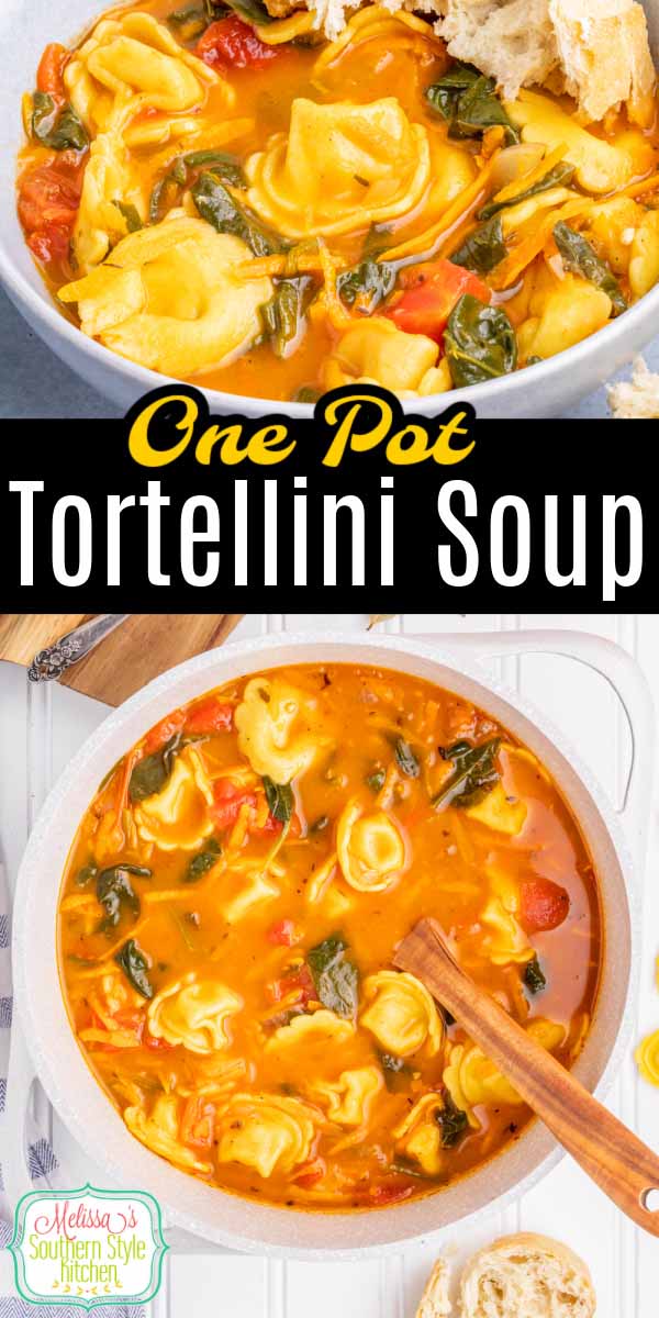 This Cheese Tortellini Soup features cheese tortellini cooked in a tasty tomato infused broth with onions, sweet carrots and baby spinach. #tortellinisoup #cheesetortellini #easysouprecipes #soup #souprecipes #Italiansoup via @melissasssk