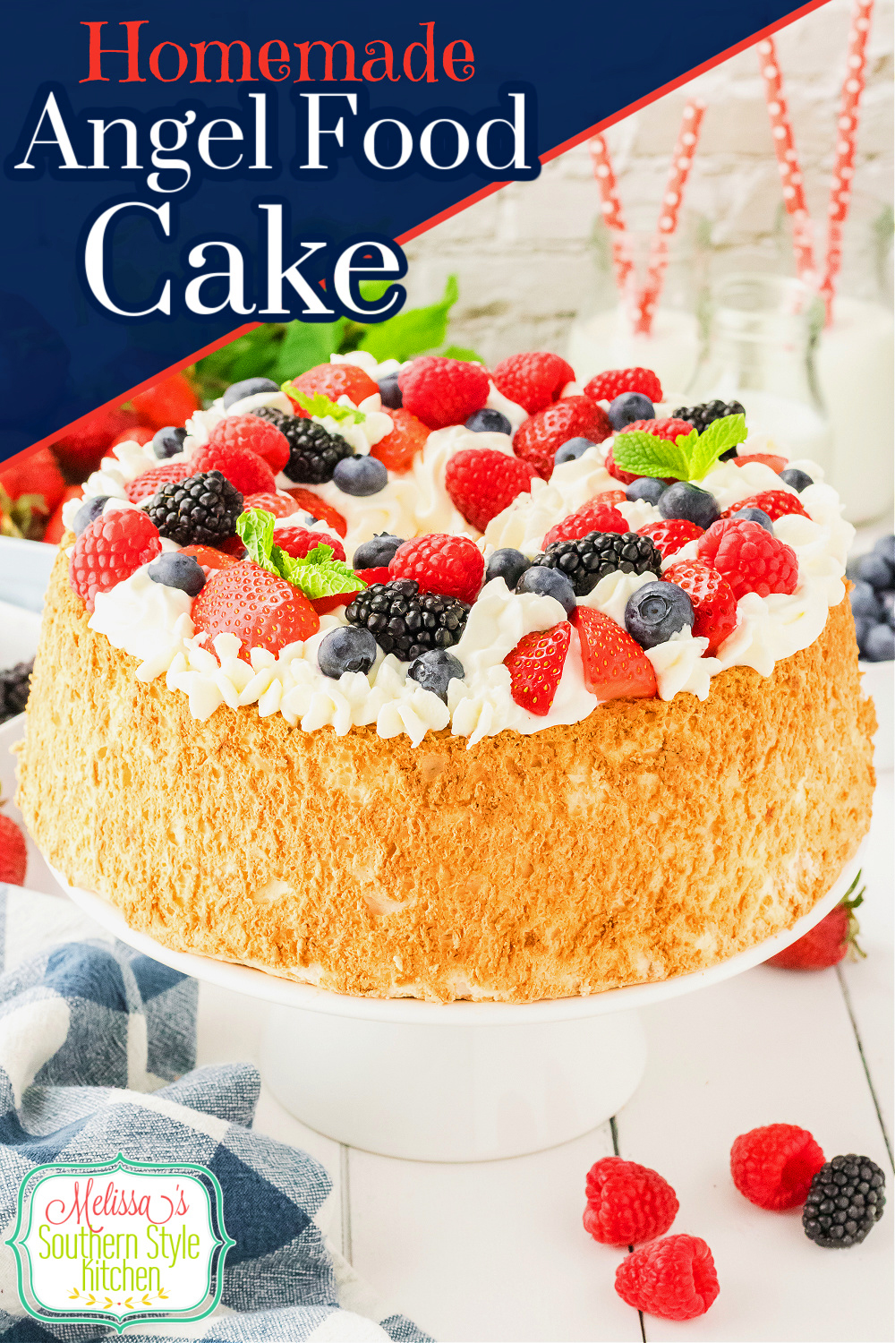 This fluffy Angel Food Cake makes a delightful dessert year-round! #angelfoodcake #cakerecipes #easydessertrecipes #angelfoodrecipe #southerncakes #dessertrecipes #fatfree