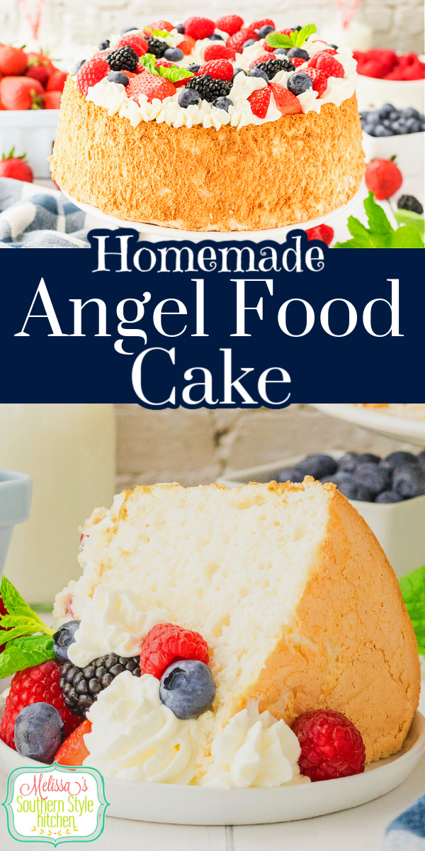 This fluffy Angel Food Cake makes a delightful dessert year-round! #angelfoodcake #cakerecipes #easydessertrecipes #angelfoodrecipe #southerncakes #dessertrecipes #fatfree