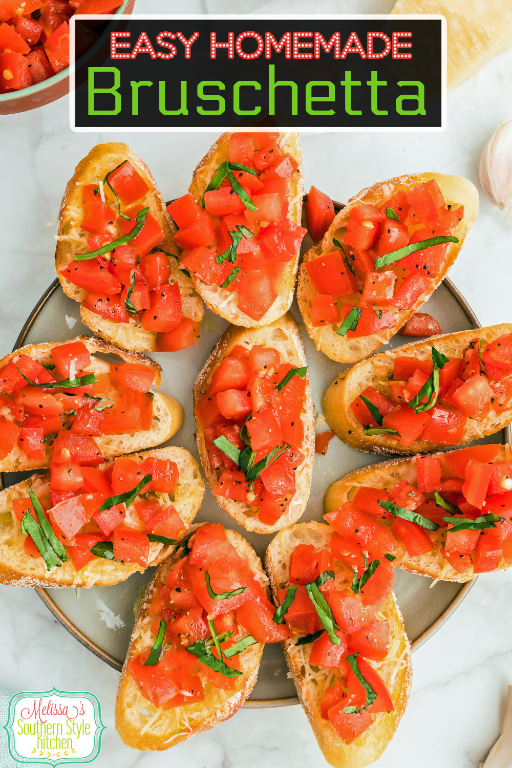 This easy Bruschetta recipe features french bread topped with a mixture of diced tomatoes, garlic, balsamic vinegar and fresh basil. #bruschettarecipe #tomatoes #frenchbread #freshtomatoes #bestbruschettarecipe #easyappetizers #italianrecipes