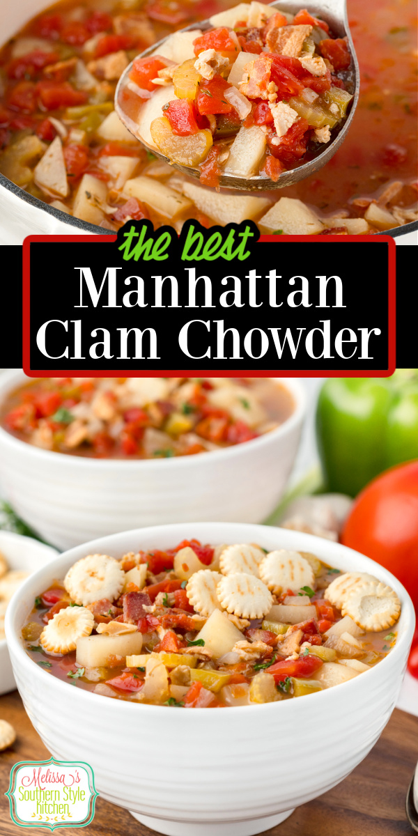 This Manhattan Clam Chowder recipe is a tomato based soup with a distinctive flavor that's fully satisfying. #clamchowder #manhattanclamchowder #chowderrecipes #seafoodchowder #seafoodrecipes #clams #recipesusingclams #cannedclams via @melissasssk