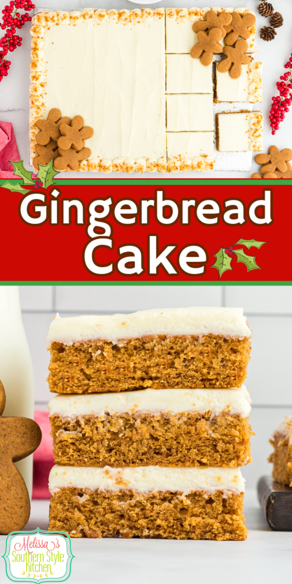 This Gingerbread Cake with cream cheese frosting is a festive option for holiday brunch with the family or as a delicious seasonal dessert. #gingerbread #sheetcakes #gingerbreadcake #gingerbreadcakerecipe #christmascakes #easygingerbreadrecipes #creamcheesefrosting via @melissasssk