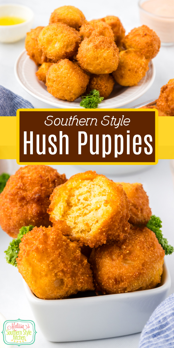 This homemade Hush Puppies recipe results in crispy fried cornbread fritters that are impossible to resist. #hushpuppies #friedhushpuppies #easyhushpuppyrecipe #southernstyle #seafoodrecipes #easysidedishrecipes #cornbread