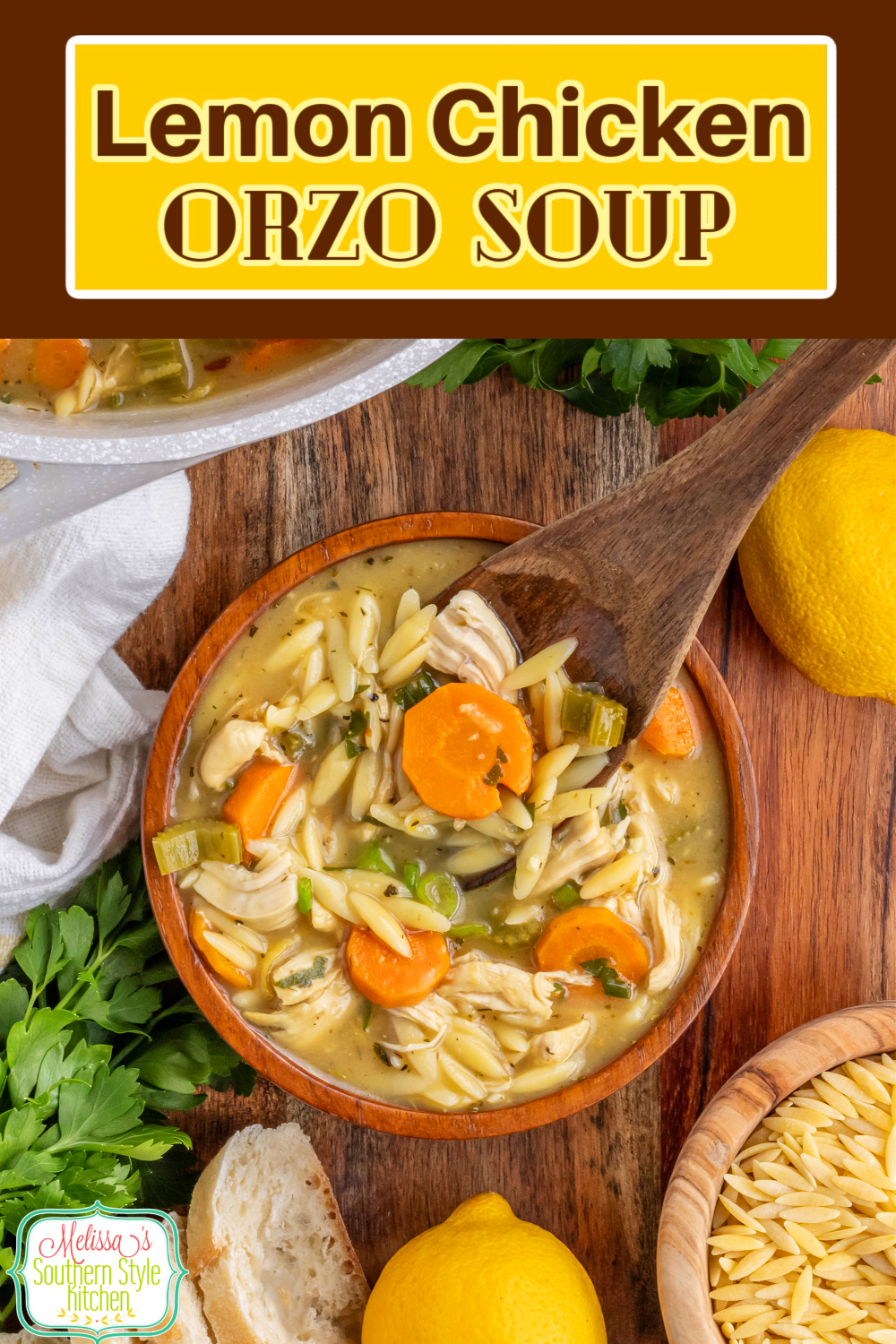 This flavorful Lemon Chicken Orzo Soup features a bright lemon infused flavor paired with tender orzo pasta and chicken. #chickensoup #chickenorzosoup #lemonchicken #lemonchickensoup #orzopasta #orzosoup via @melissasssk