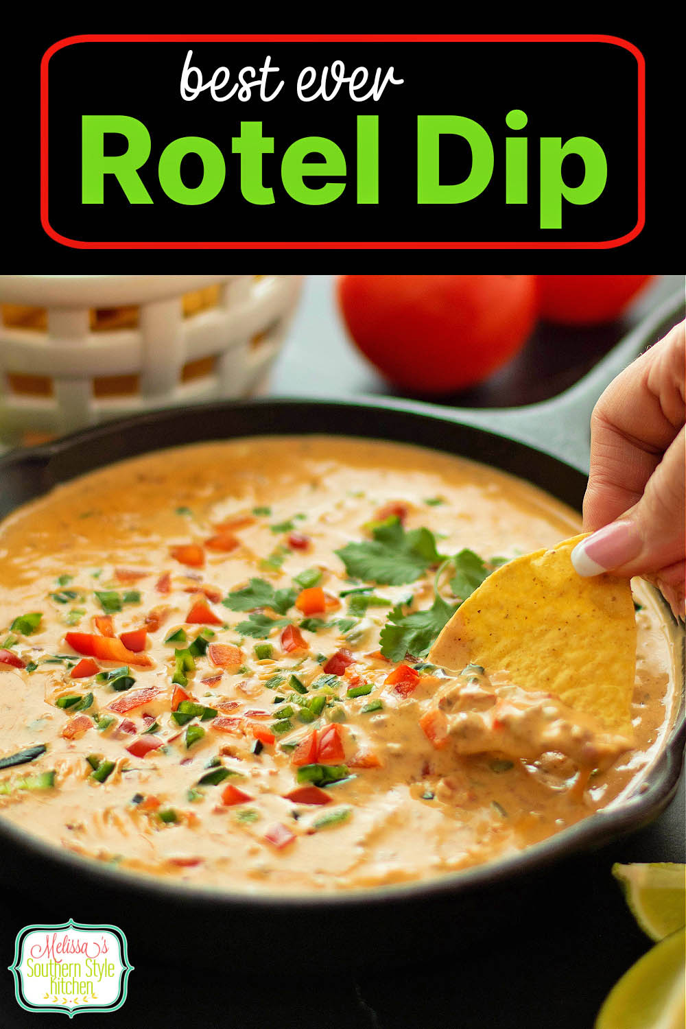 This Rotel Dip features a few ingredient twists to give it a pop of flavor. #rotel #roteltomatoes #roteldip #cheesediprecipes #superbowlrecipes #velveeta #velveetarecipes #bestroteldip