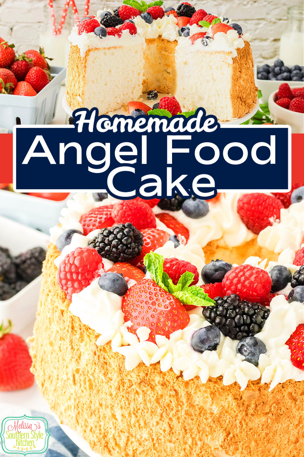 This fluffy Angel Food Cake makes a delightful dessert year-round! #angelfoodcake #cakerecipes #easydessertrecipes #angelfoodrecipe #southerncakes #dessertrecipes #fatfree via @melissasssk