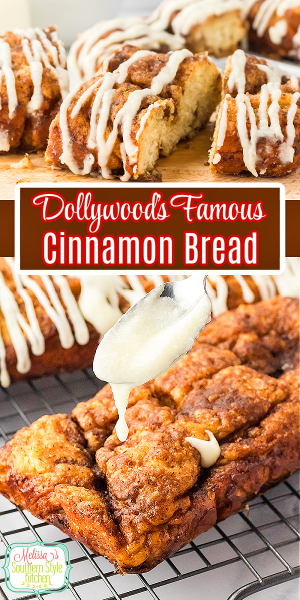 Make your own Dollywood's Famous Cinnamon Bread at home! #dollyparton #dollywoodcinnamonbread #dollypartonrecipes #cinnamonbreadrecipe #gristmill #dollywood #dollywoodfamouscinnamonbread via @melissasssk