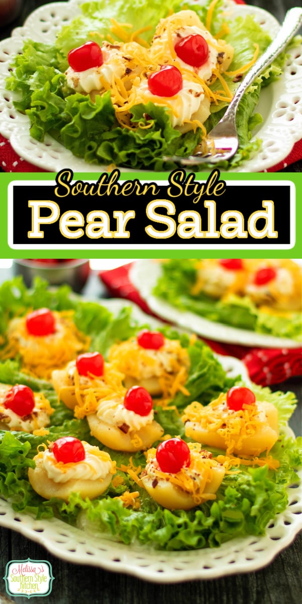 This Southern Pear Salad recipe doesn't require any cooking at all and adds a simple but pretty addition to the table. #pearsalad #pears #salads #saladrecipes #fruitsalad #fruitsaladrecipes #southernsalads #southernpearsalad via @melissasssk