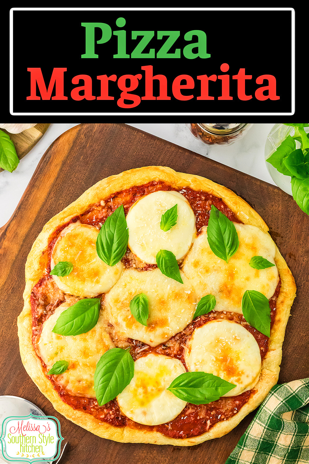 This scrumptious Pizza Margherita recipe features a robust tomato sauce, gooey mozzarella cheese and fresh basil for a classic flavor combo. #margheritapizza #pizzarecipes #pizzamargheritapizza #sanmarzanotomatoes #pizzasauce #easypizzarecipes #pizzadough via @melissasssk